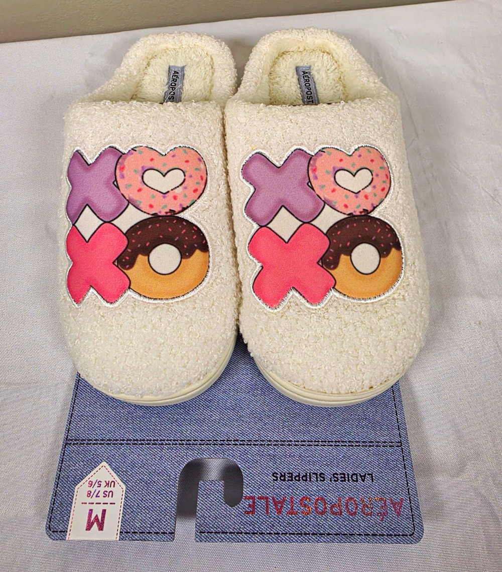 Aeropostale XOXO Sherpa Faux Fur Slip-On Slippers Cream Pink US 8